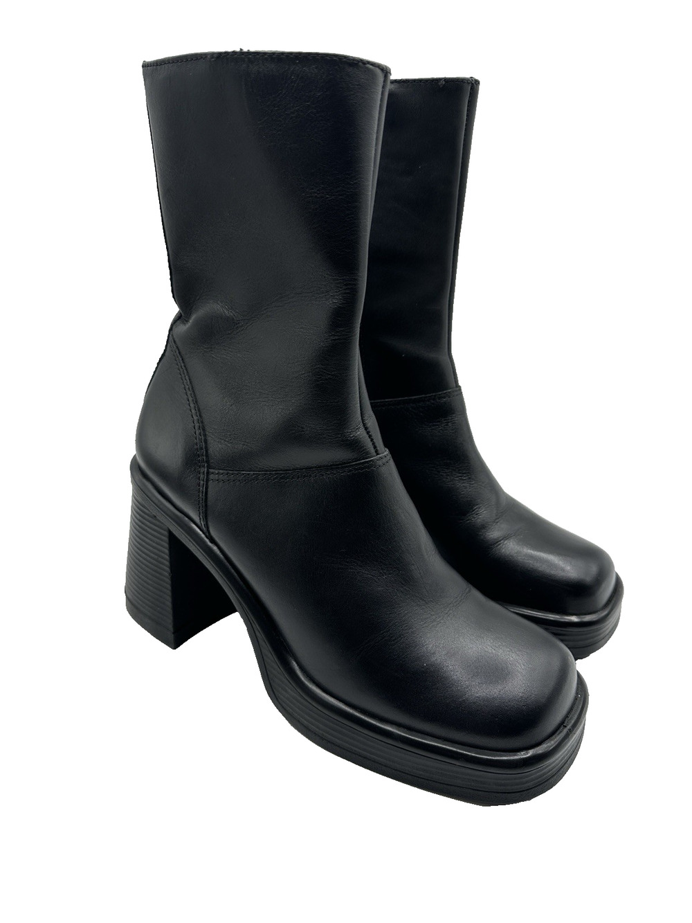 Steve Madden Fantse Black Leather Platform Boots 9M Chunky Heel Y2K
